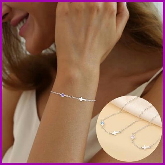 Adjustable Cross Birthstone Bracelet 14k Gold Plated Stainless Steel Link Chain - Picture 5 of 8